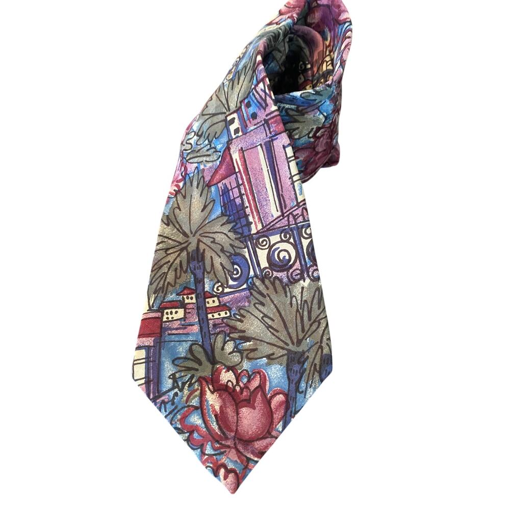 Mark Alexander Tropical Scenic‎ Palm Tree Silk Necktie USA Vintage